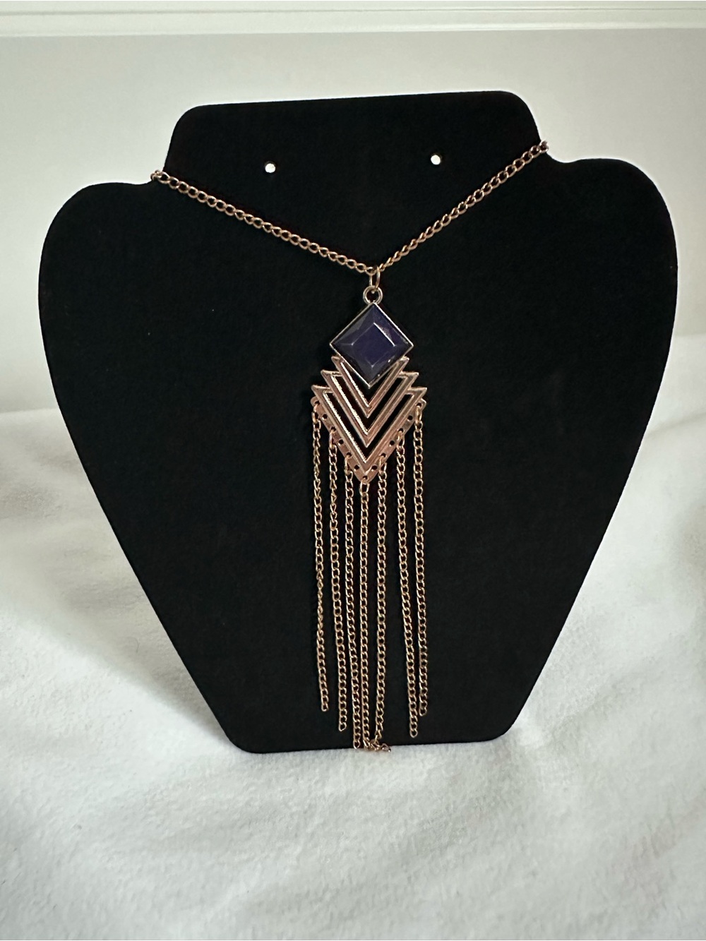 Gold-Tone Fringe Necklace with Navy Square Stone